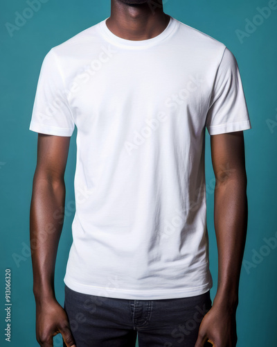 Mockup of a plain white t-shirt worn by a dark-skinned male model against a teal background. The shirt is crisp and well-fitted, ideal for showcasing custom designs or branding.