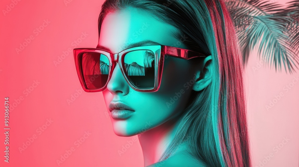 Stylish woman in sunglasses with tropical backdrop Stylish woman in sunglasses with tropical backdrop