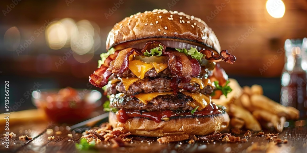 Double Meat Burger with Crispy Onion Double Cheddar Cheese Double Bacon Salsa and Artisan Bread Double Meat Burger with Crispy Onion Double Cheddar Cheese Double Bacon Salsa and Artisan Bread