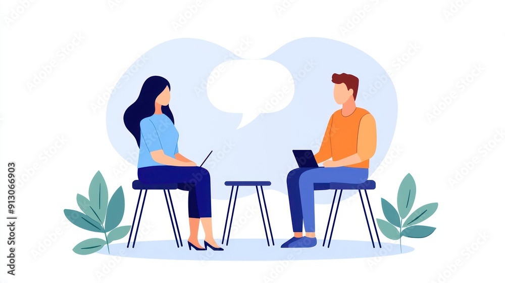 Fototapeta premium Two individuals engage in conversation while seated, using laptops and surrounded by greenery, symbolizing collaboration and communication.