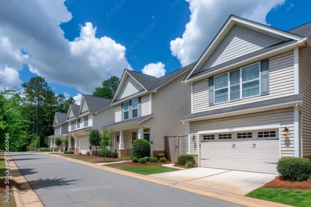 A row of houses with a white picket fence in front of one of them. The houses are all white and have a similar design A row of houses with a white picket fence in front of one of them. The houses are all white and have a similar design