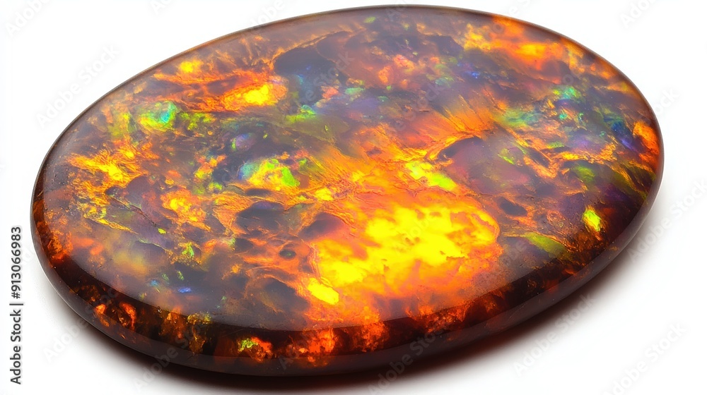 Stunning Close-up of Polished Fire Opal on White Background - Mesmerizing Gemstone Beauty Stunning Close-up of Polished Fire Opal on White Background - Mesmerizing Gemstone Beauty