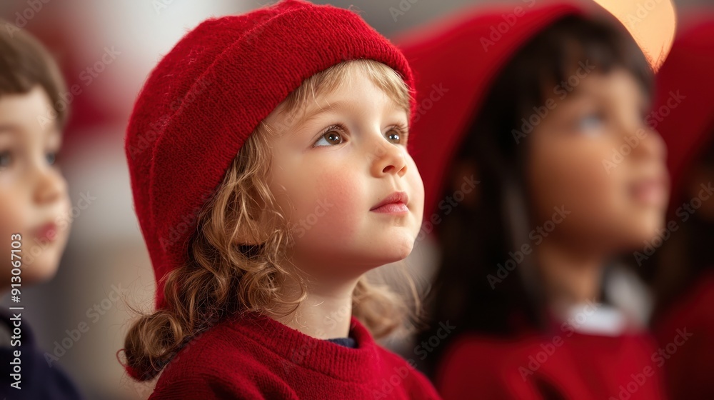 A focused child in red attire gazes thoughtfully, showcasing innocence and curiosity in a vibrant atmosphere.