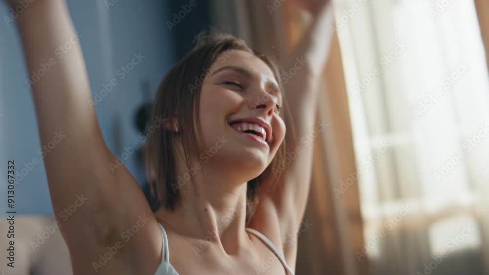 Stretching lady sitting bed feeling fresh at morning closeup. Happy woman wakeup Stretching lady sitting bed feeling fresh at morning closeup. Happy woman wakeup