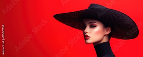 A striking portrait of a model in a black hat against a vibrant red background, showcasing elegance and bold fashion.