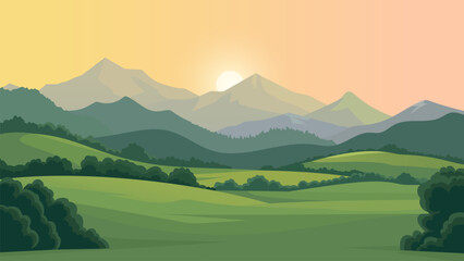 Leinwandbilder Olivgrün Beautiful vector illustration of a landscape, green meadows, fields, trees and mountains. Beautiful landscape of mountains, forests and meadows at sunset. Beautiful landscape for print and design.  © LoveSan