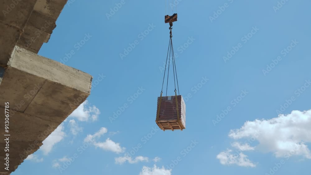 Crane lifting pallet of bricks at construction site, A crane lifting a ...