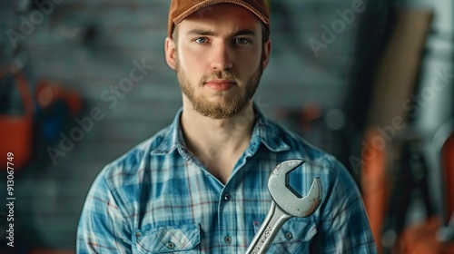 Young worker with wrench in industrial setting photo