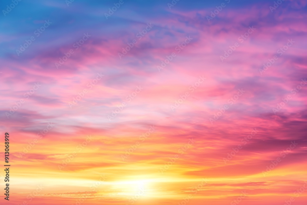 A beautiful sunset with a bright orange sun in the sky. The sky is filled with clouds and the colors are vibrant and warm