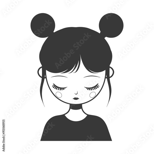 Cartoon illustration of a woman with her eyes closed and hair in buns