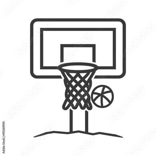 Basketball hoop with ball and net in a black and white outline