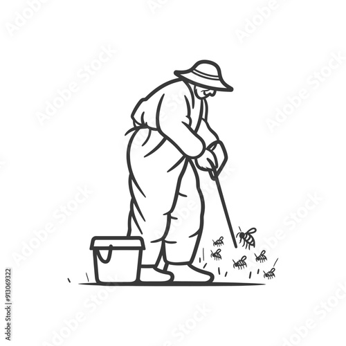 Beekeeper Gathering Honey with a Bucket and Smoker