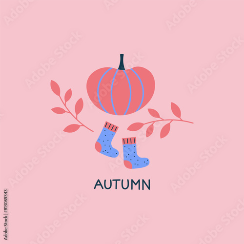 Autumnal template card with pumpkin, socks, fall foliage and handwritten lettering Autumn. Hand drawn vector fall illustration for flyer, banner, greeting card, polygraph, label, print, poster, poster