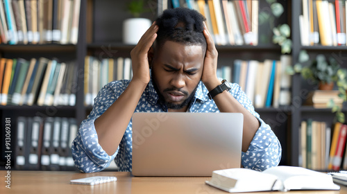 A young black man in professional attire is sitting in a quiet library. He holds his head with both hands and looking distressed as he studies an open book and takes notes on his laptop. 