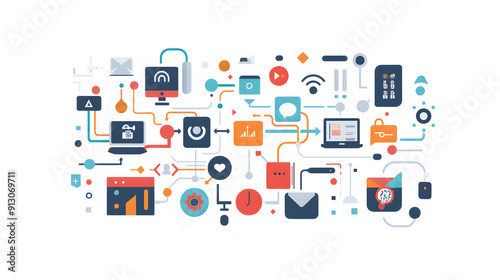 A flat vector illustration of an abstract digital network with icons representing various online devices and data on a white background with white space on the edges design