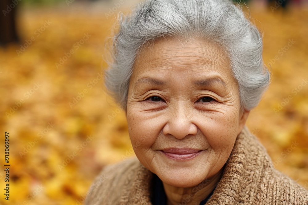 Serene elderly woman enjoying autumn leaves Serene elderly woman enjoying autumn leaves