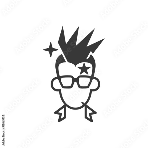 Black and White Icon of a Person with Spiky Hair Glasses and Stars