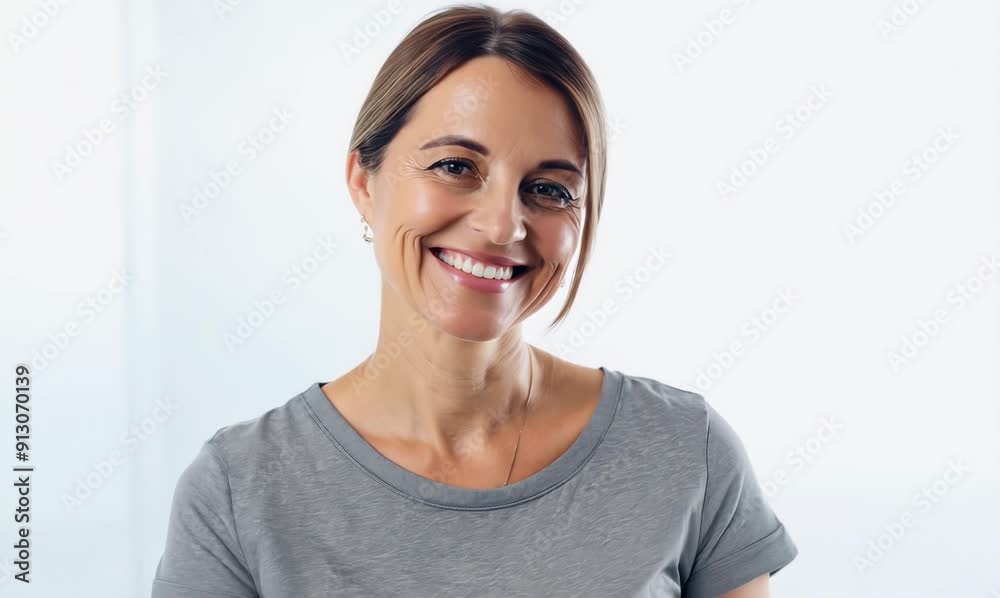 Group portrait video of a satisfied woman in her 40s that is wearing a casual t-shirt against a white background Group portrait video of a satisfied woman in her 40s that is wearing a casual t-shirt against a white background