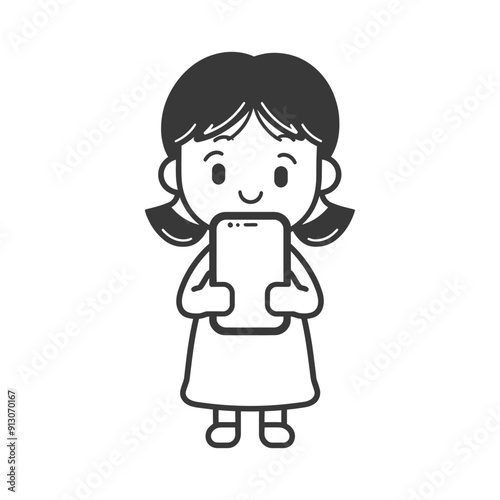 Cute Girl with Pigtails Holding Smartphone, Simple Line Art Illustration