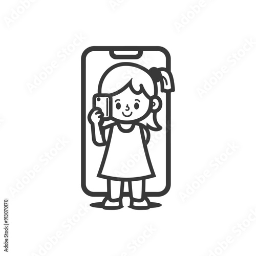 Line Art Girl Taking Selfie Within Giant Smartphone Screen