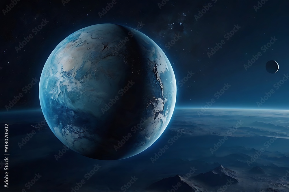 A single planet in endless dark space background illustration, concept of astronomy and fantasy space landscape A single planet in endless dark space background illustration, concept of astronomy and fantasy space landscape
