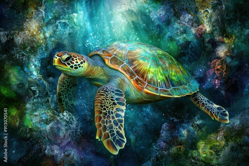 Majestic sea turtle swimming in vibrant ocean habitat Majestic sea turtle swimming in vibrant ocean habitat