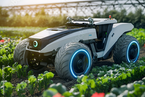Autonomous farm robot in a field, showcasing modern agriculture technology. The robot is tending to crops, highlighting innovation in farming practices.