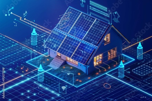 Futuristic smart home with solar panels and digital connectivity. Innovative technology concept in 3D illustration style for clean energy and advanced housing solutions. Generative AI