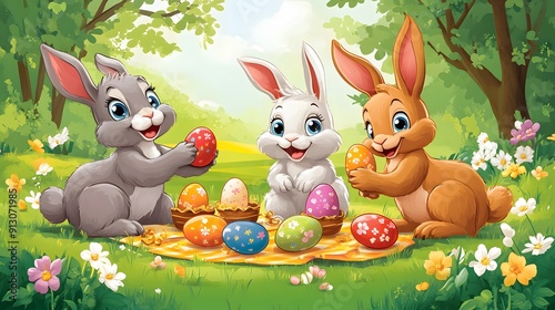 Cartoon animals having a spring picnic for Easter with decorated eggs chocolate bunnies and flowers photo