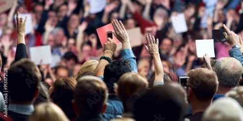 A crowd of people are holding up signs and waving their hands in the air. Scene is energetic and enthusiastic photo