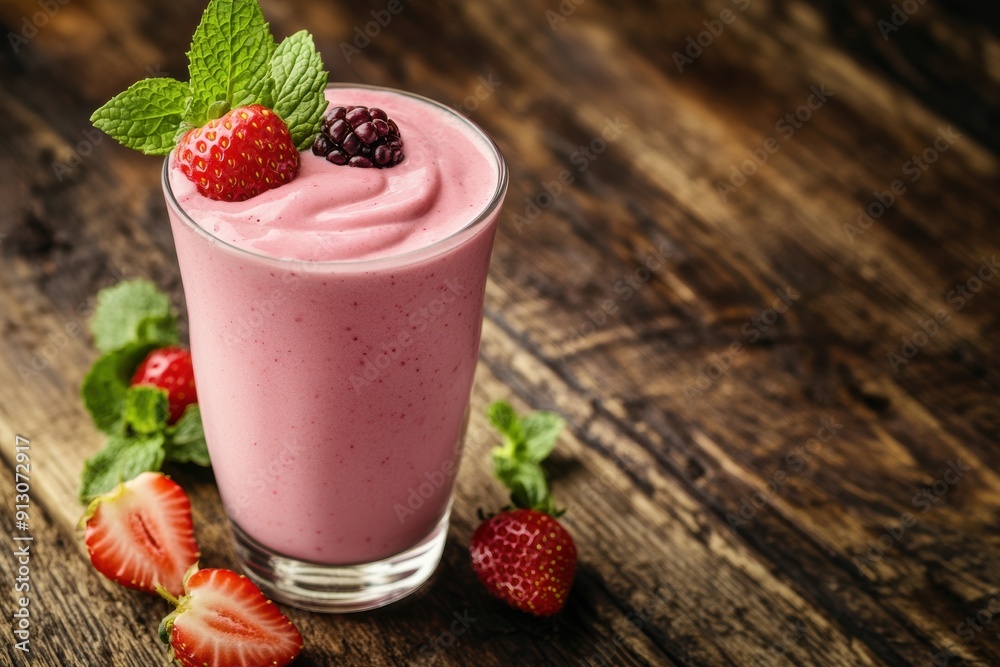 Fresh berry smoothie in glass on wooden background Fresh berry smoothie in glass on wooden background