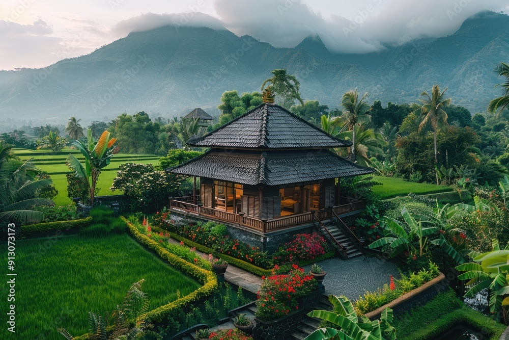 A beautiful wooden house surrounded by lush green rice fields, A beautiful wooden house surrounded by lush green rice fields,