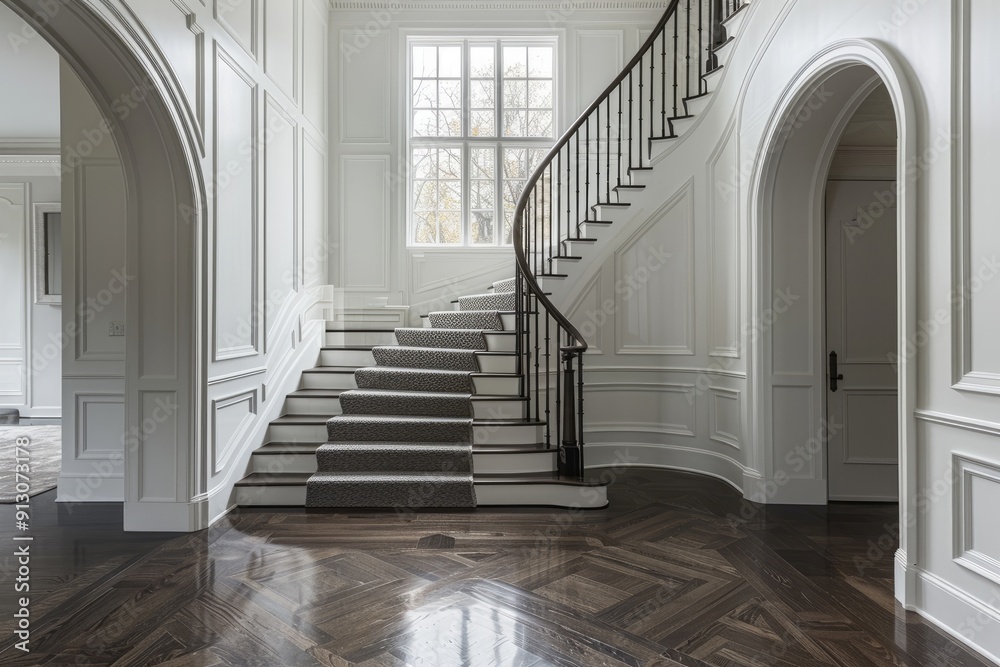 Obraz premium Spacious modern interior with grand staircase and windows