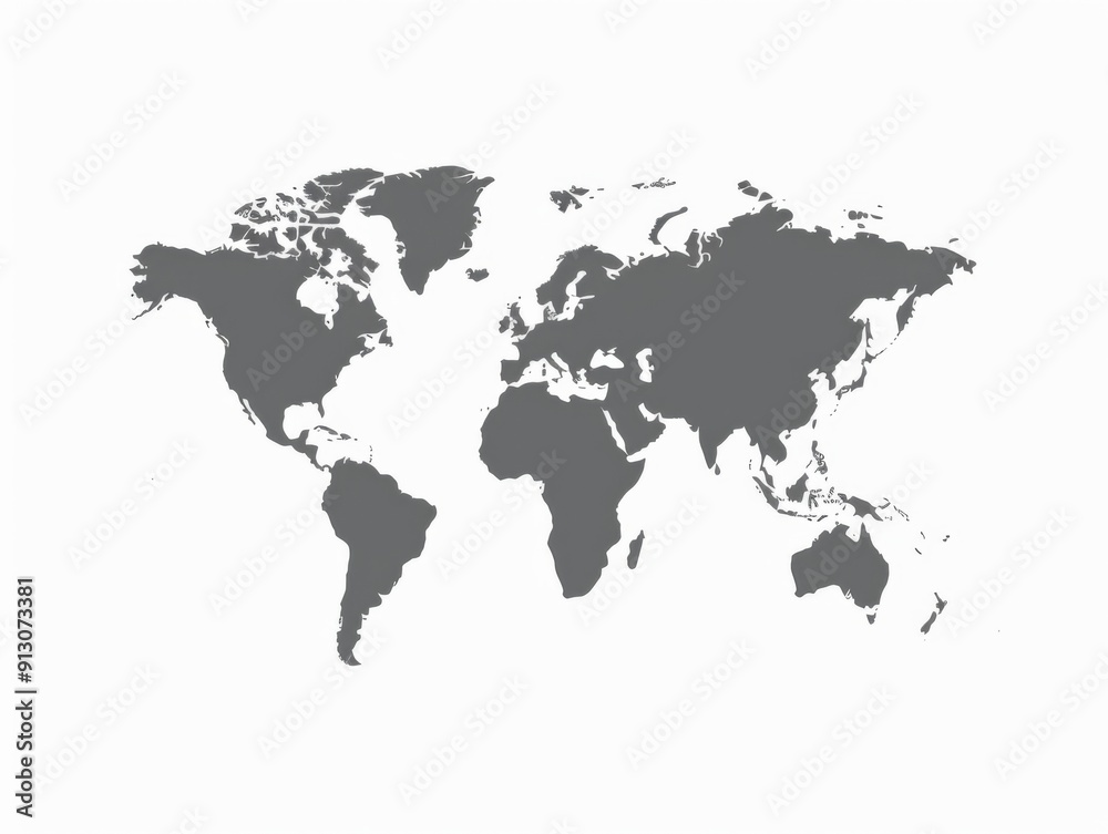 A gray world map with the continents of Africa, Europe, and Asia. The map is drawn in a very simple style, with no detail A gray world map with the continents of Africa, Europe, and Asia. The map is drawn in a very simple style, with no detail