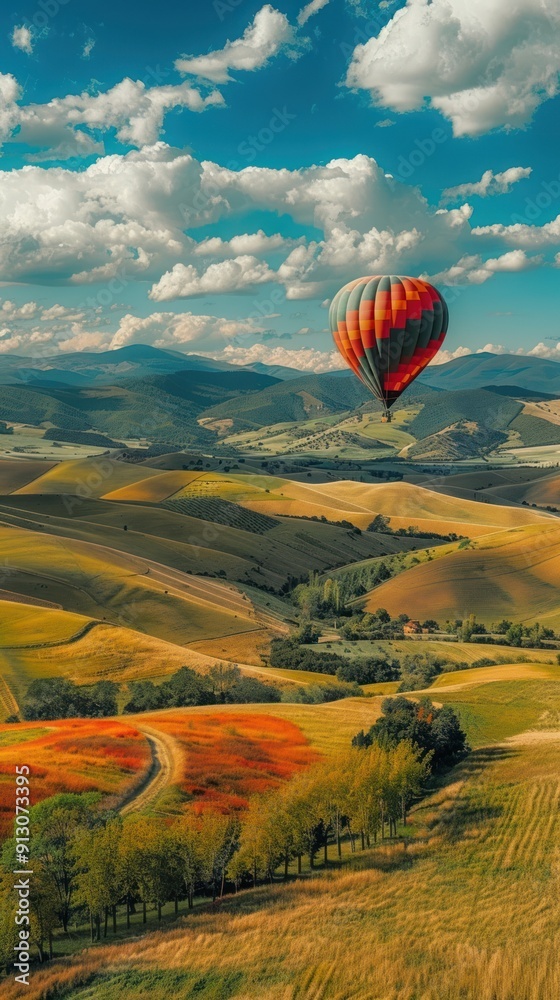Obraz premium Hot Air Balloon Over Rolling Hills.