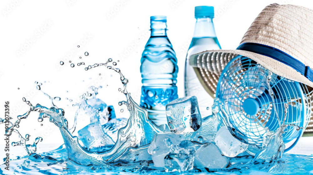 Summer heat danger concept. Water splashes, fan, hat, ice cubes and bottled water Summer heat danger concept. Water splashes, fan, hat, ice cubes and bottled water