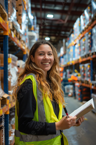 A young woman in a safety vest stands holding a board noting work observations in a warehouse.

