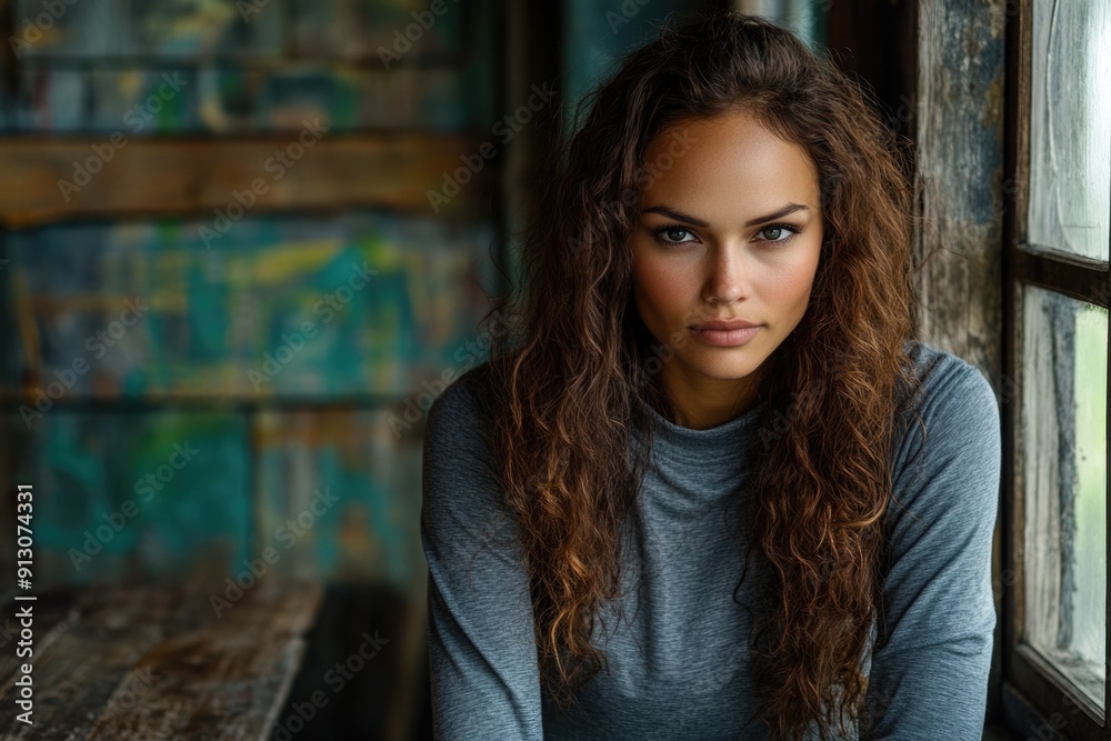 Fototapeta premium A woman is posing thoughtfully by a window in a rustic indoor environment
