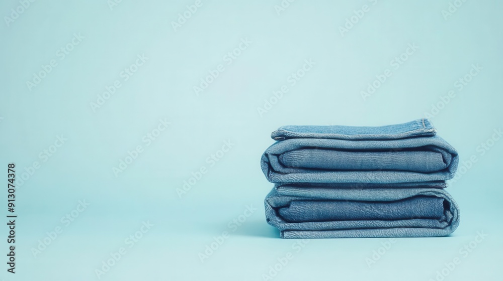 Neatly folded stack of denim fabric, isolated on a light blue background Neatly folded stack of denim fabric, isolated on a light blue background