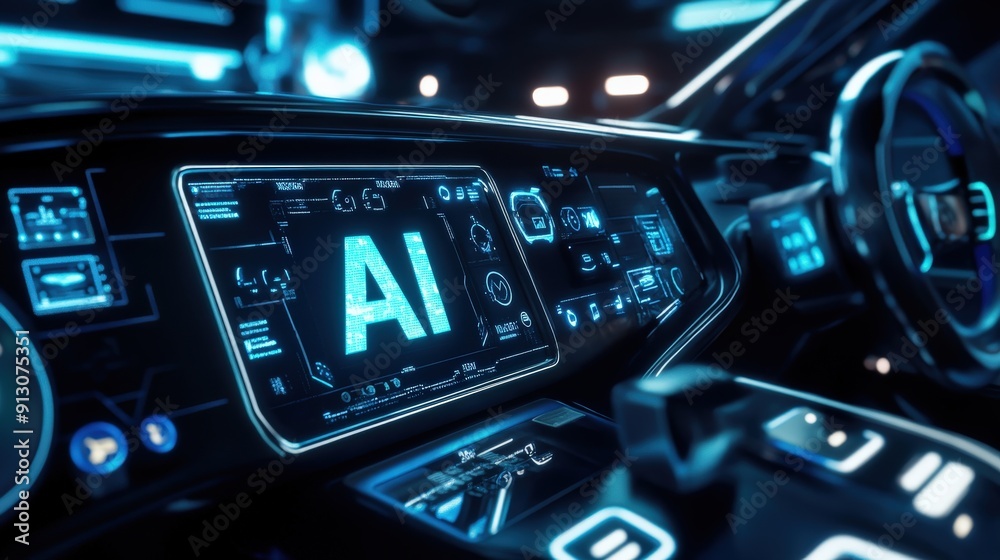 A sleek cockpit illuminated by vibrant blue lights showcases an advanced AI interface on a digital display, emphasizing cutting-edge technology in automotive design A sleek cockpit illuminated by vibrant blue lights showcases an advanced AI interface on a digital display, emphasizing cutting-edge technology in automotive design