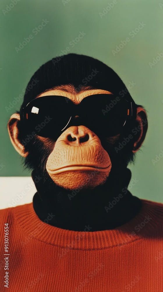 A monkey dressed in retro fashion poses in stylish sunglasses and cozy attire A monkey dressed in retro fashion poses in stylish sunglasses and cozy attire