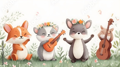 Cartoon animals enjoying a spring festival with flower crowns music and dancing