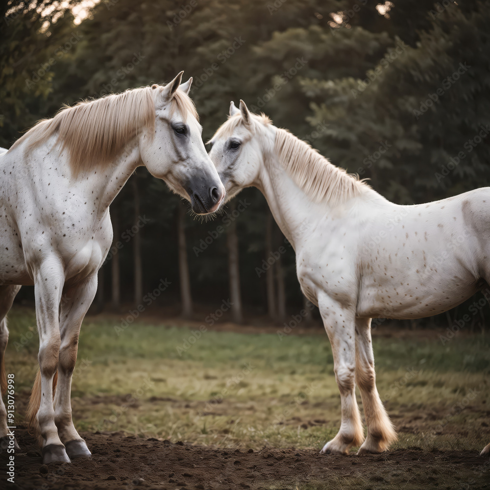 Two horses in love in the field in green nature Two horses in love in the field in green nature