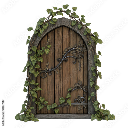 A fantasy door covered in intricate ivy, glowing runes etched into the wood, isolated on a white background photo