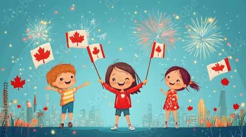 Cartoon kids celebrating Canada Day with fireworks flags and parades