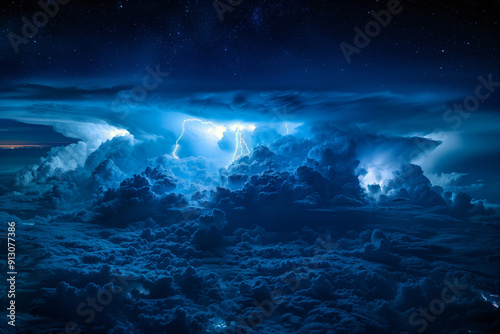 Blue Jet lightning phenomenon in the upper atmosphere, powerful blue-colored lightning jet shooting upwards from the top of a tall cumulonimbus cloud.
