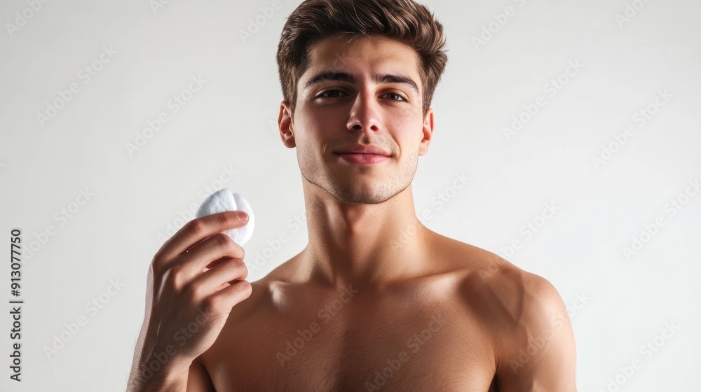 Fototapeta premium Man applying toner with a cotton pad
