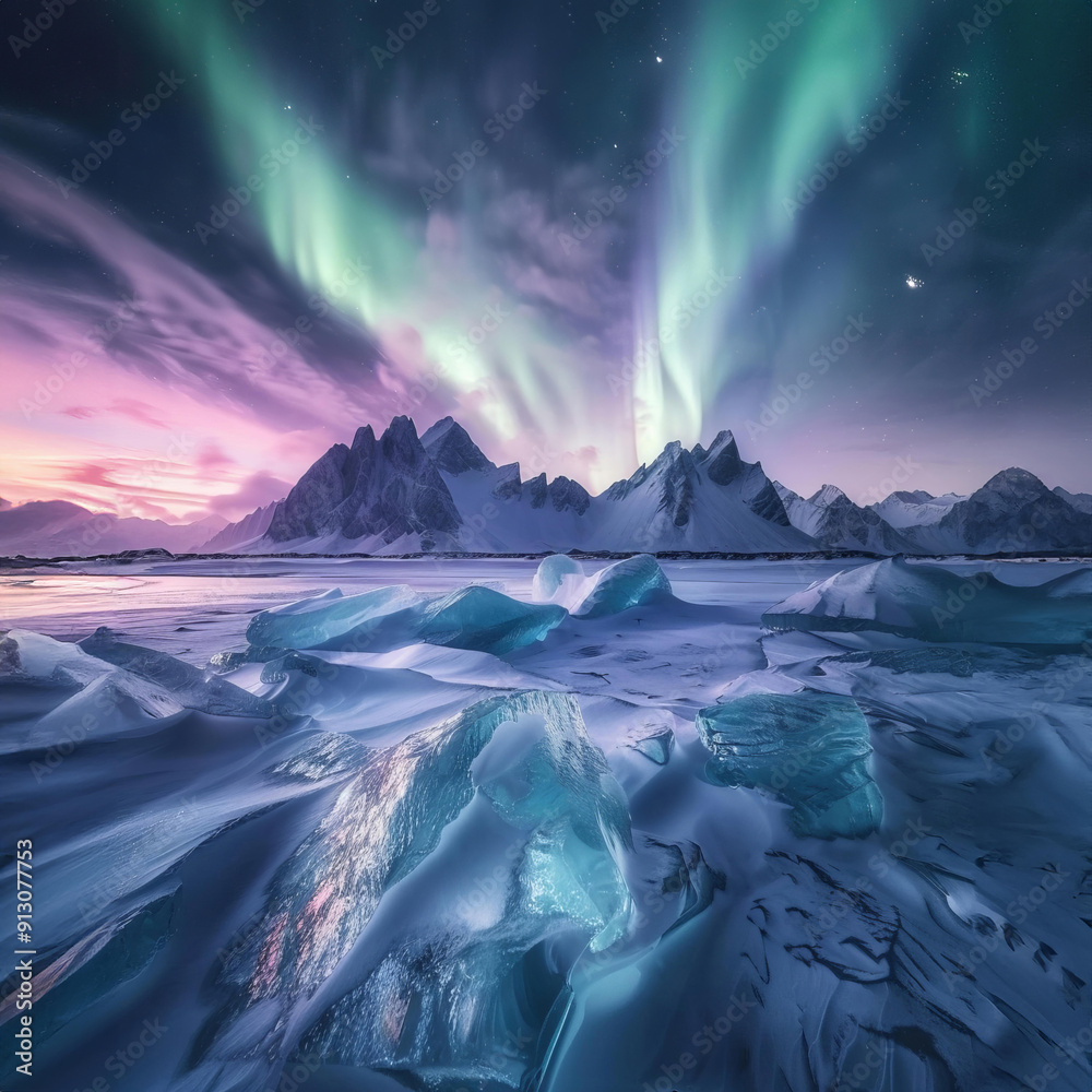 Naklejka premium A stunning display of the aurora borealis illuminates the night sky over Iceland, showcasing vibrant northern lights.