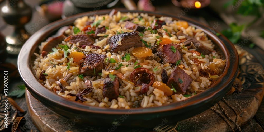 Pilaf Authentic Central Asian Dish with Rice Spices Lamb Dried Fruits and Garlic Pilaf Authentic Central Asian Dish with Rice Spices Lamb Dried Fruits and Garlic