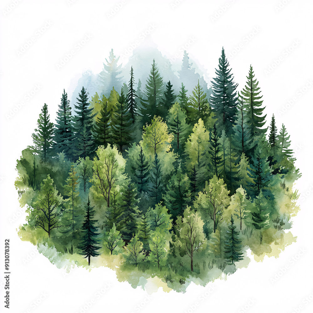 Fototapeta premium Watercolor Forest Landscape: A whimsical watercolor painting of a lush forest, capturing the tranquility and beauty of nature. The painting features a variety of trees, including pines and deciduous t
